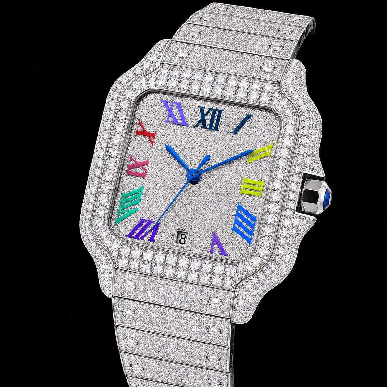 Petey's jewelry men's iced out automatic watch with a square silver dial, colorful Roman numerals, and a diamond-encrusted stainless steel band.