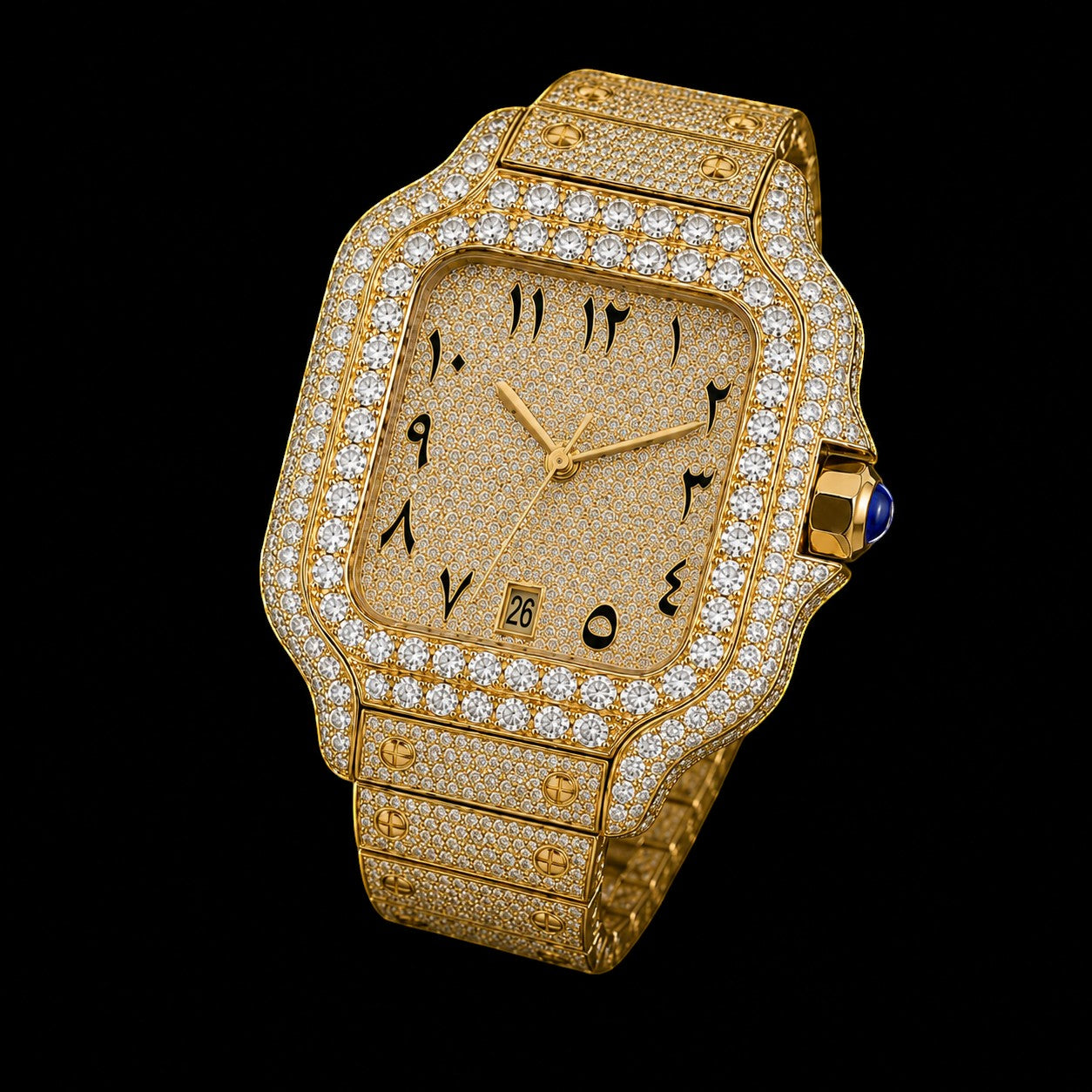 Petey's jewelry gold automatic watch with full diamond bezel and dial, featuring Arabic numerals and a date window.