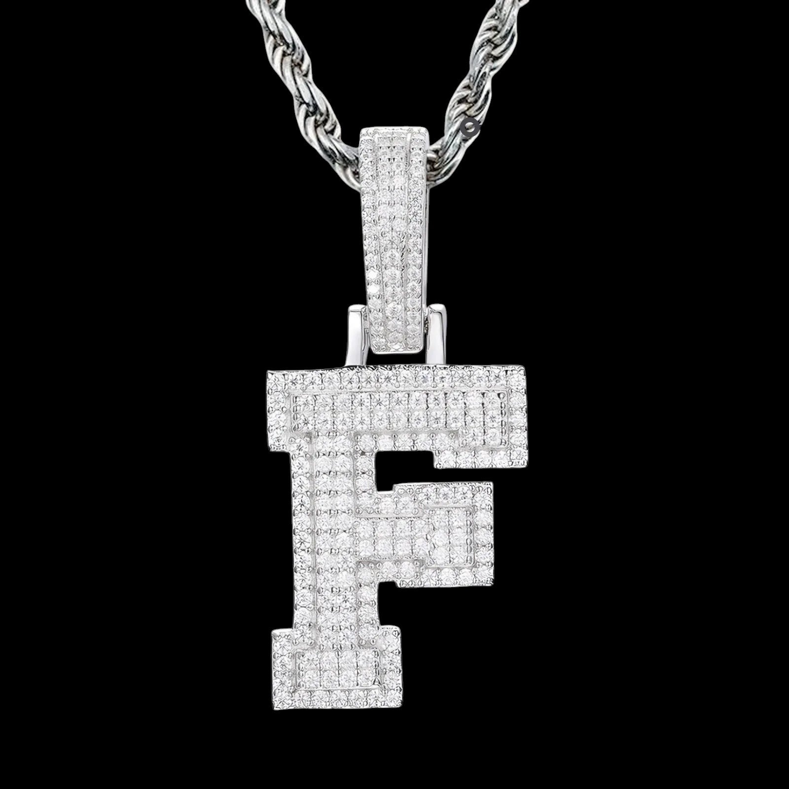 Petey's jewelry iced out letter F pendant necklace in 925 sterling silver with sparkling moissanite stones