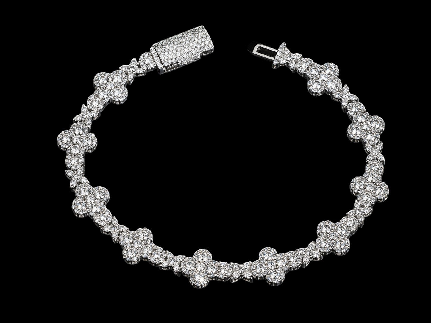 Petey's jewelry iced out 10mm cross link bracelet in rhodium-plated 925 sterling silver with VVS moissanite stones.