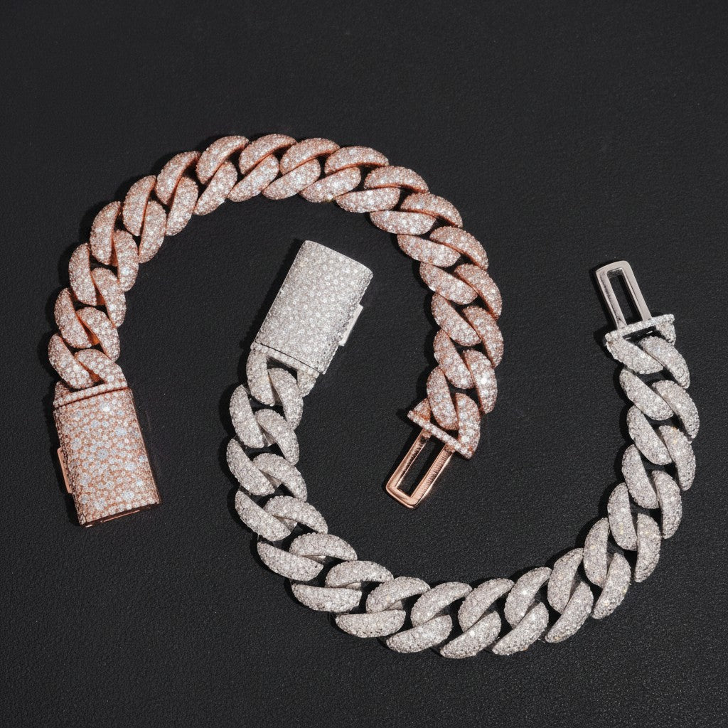 Petey's jewelry 14mm iced out Cuban link bracelets in rose gold and silver, featuring VVS moissanite claw settings.