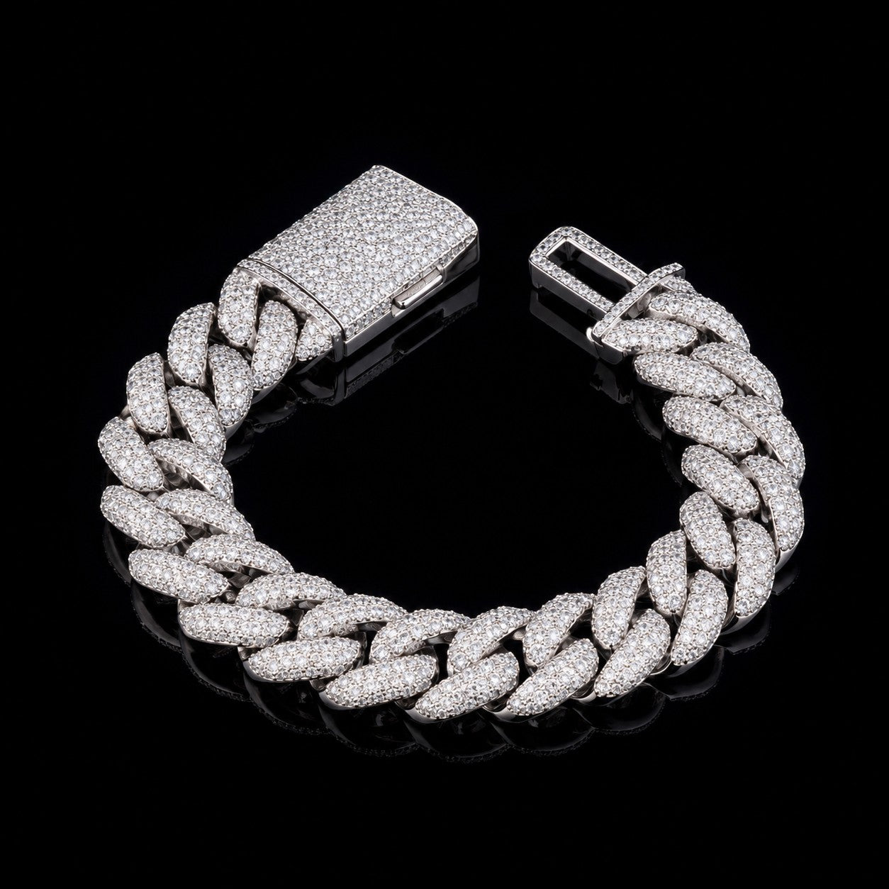 Petey's jewelry 14mm iced out Cuban link bracelet in 925 sterling silver with sparkling claw-set moissanite stones.