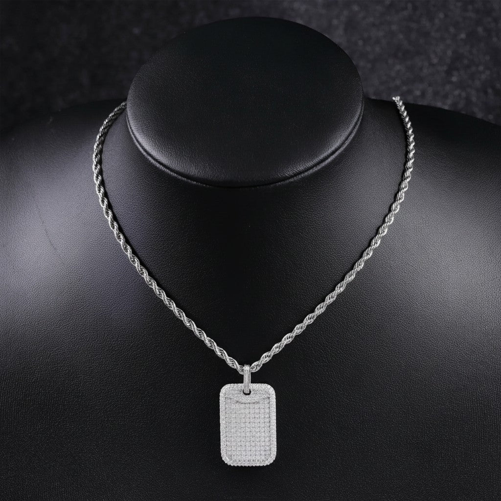 Petey's jewelry iced out dog tag pendant necklace featuring VVS moissanite diamonds on a white gold plated 925 silver chain