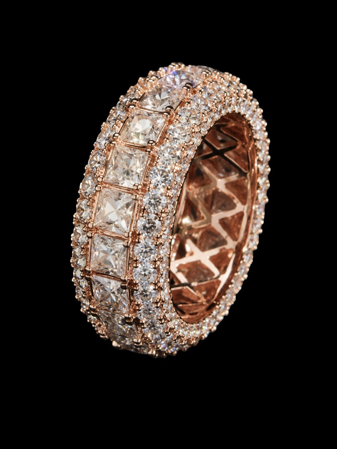 Petey's jewelry rose gold plated 925 sterling silver ring with princess cut and round brilliant moissanite stones, iced out hip hop style.