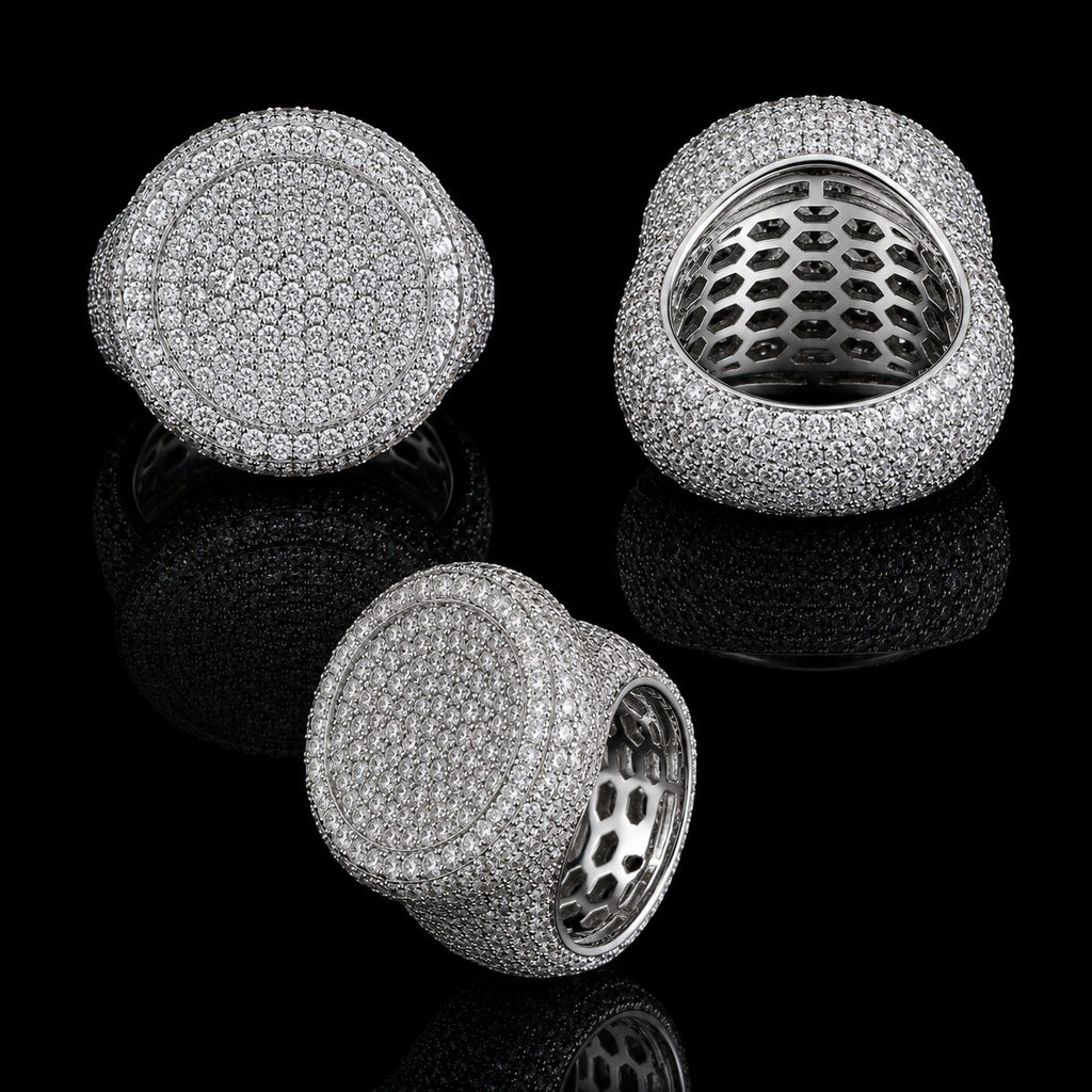 Petey's jewelry iced out round hip hop ring featuring VVS moissanite stones set in 925 sterling silver
