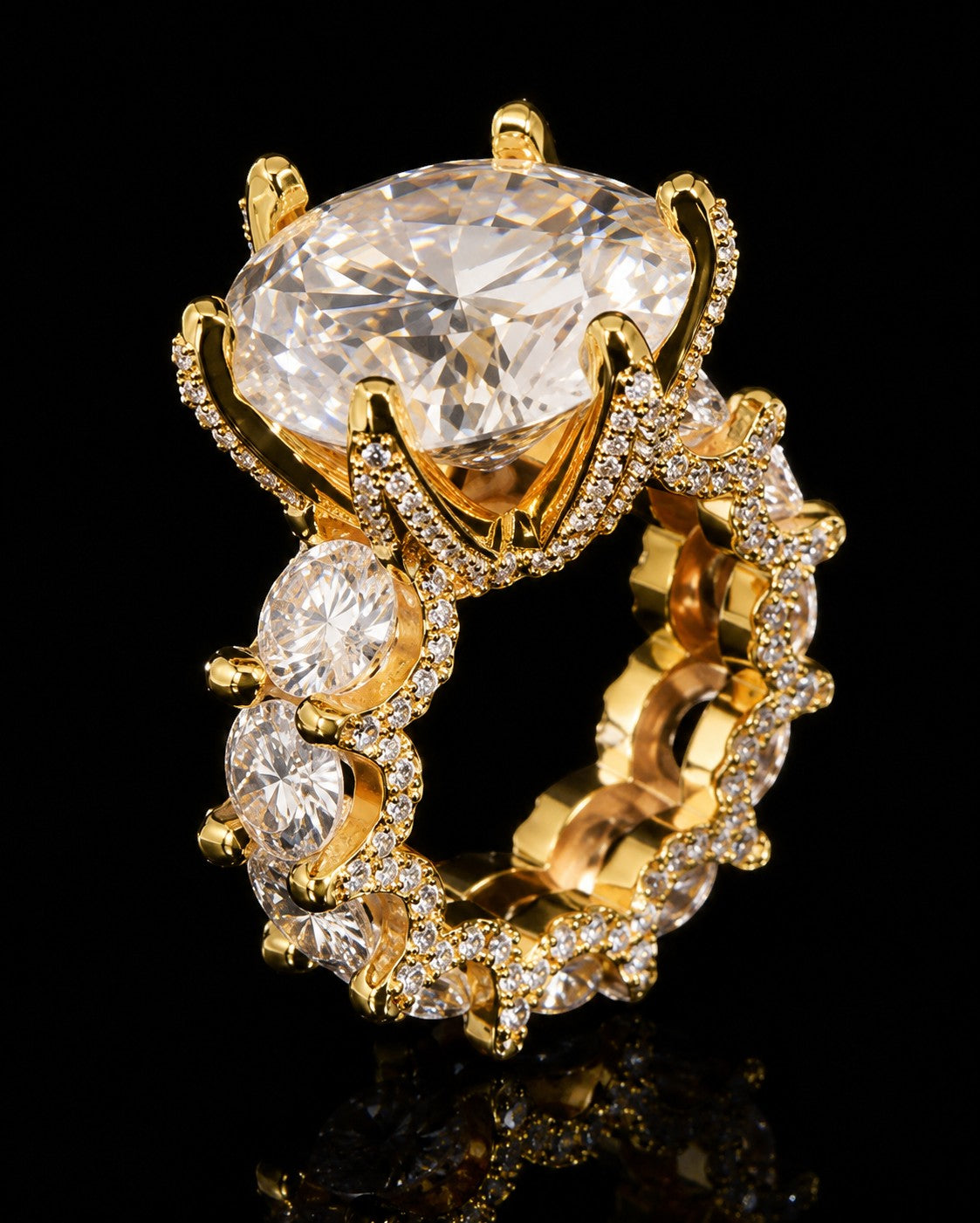 Petey's jewelry luxury women's iced out moissanite ring, 925 silver, round brilliant cut, gold plated, engagement ring.