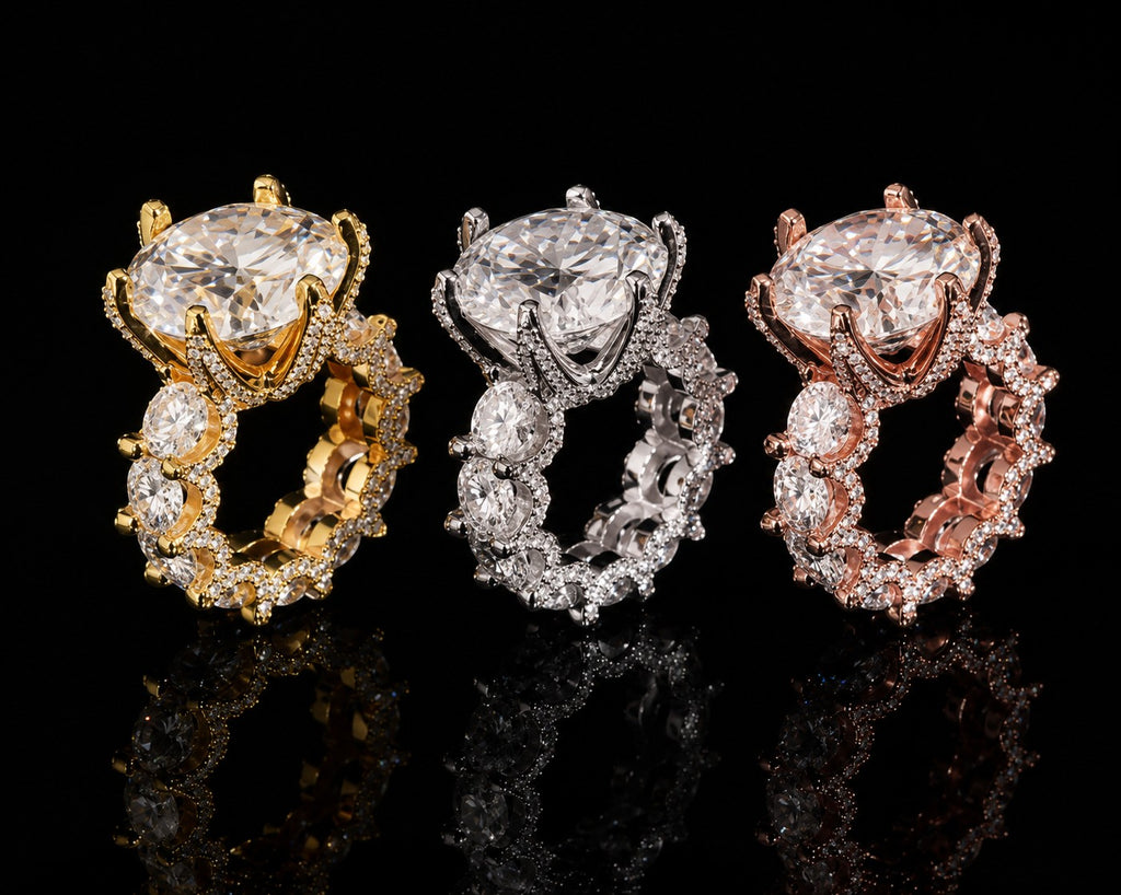 Petey's jewelry three luxury women's VVS moissanite rings in gold, silver, and rose gold, fully iced out with round brilliant cut stones.
