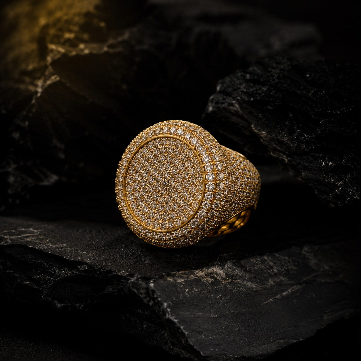 Petey's jewelry iced out round hip hop ring featuring VVS moissanite stones set in gold-plated 925 sterling silver.