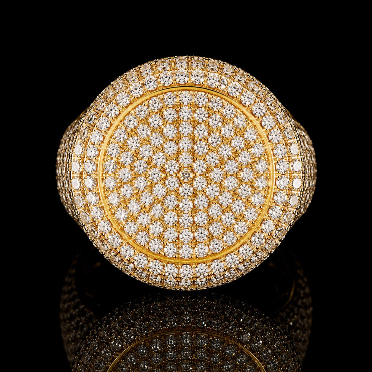 Petey's jewelry iced out hip hop ring featuring round brilliant cut VVS moissanite stones set in gold-plated 925 silver.