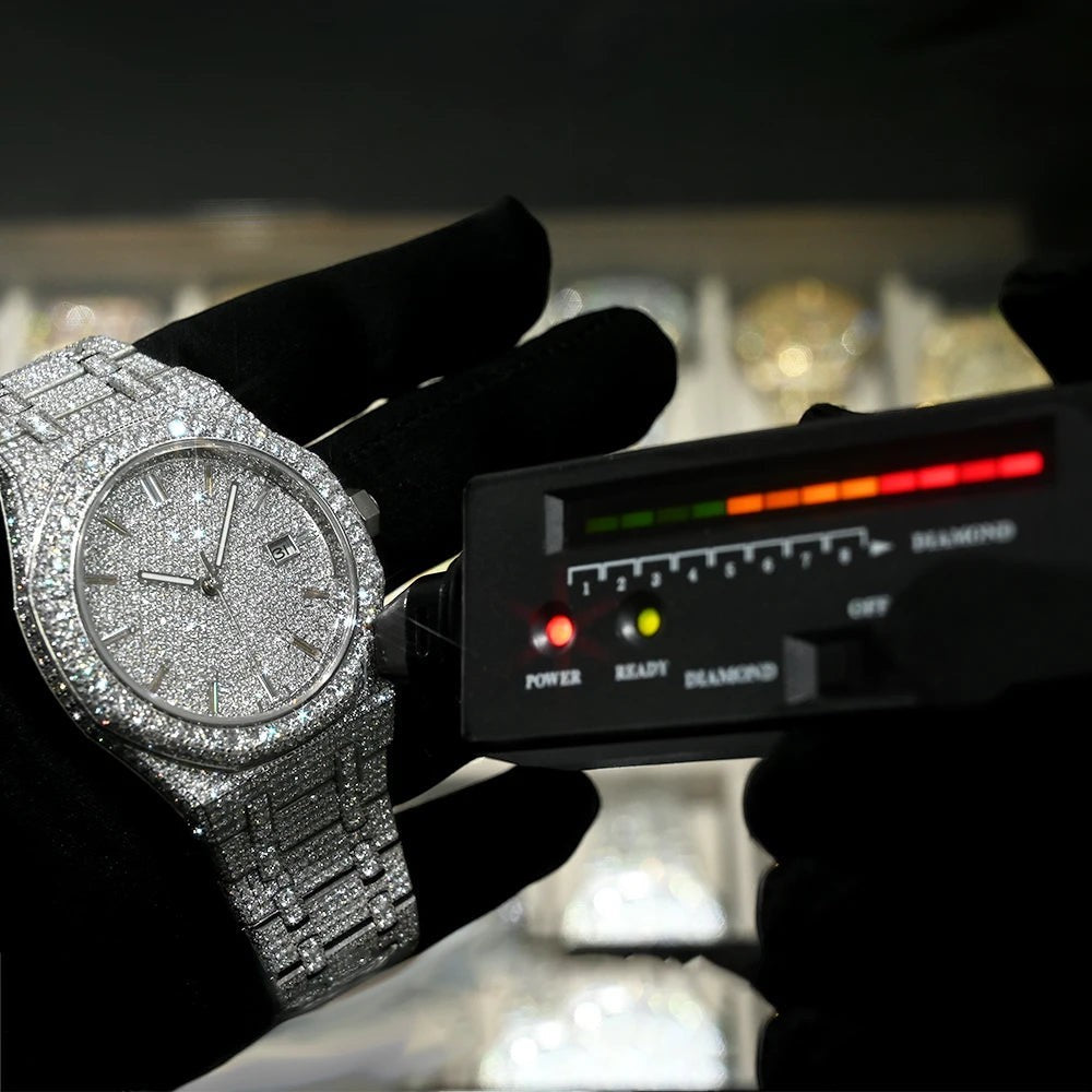 Petey's jewelry men's iced out automatic watch with VVS moissanite, stainless steel band, and sapphire crystal.