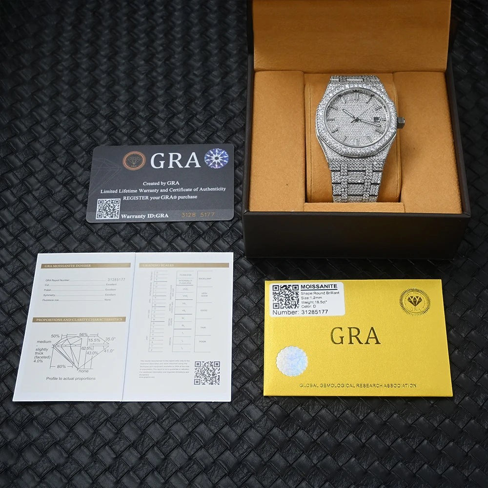 Petey's jewelry iced out men's automatic mechanical watch with VVS moissanite, stainless steel band and case, sapphire crystal.