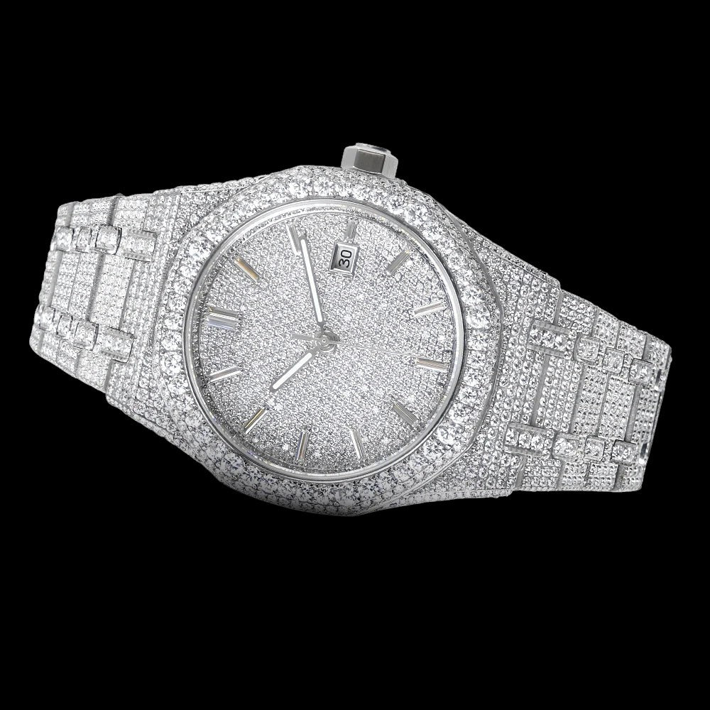 Petey's jewelry men's iced out automatic mechanical watch with VVS moissanite and sapphire crystal.