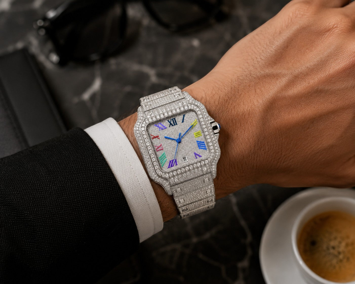 Petey's jewelry men's iced out automatic watch with silver stainless steel band and square dial featuring colorful Roman numerals and VVS1 moissanite.