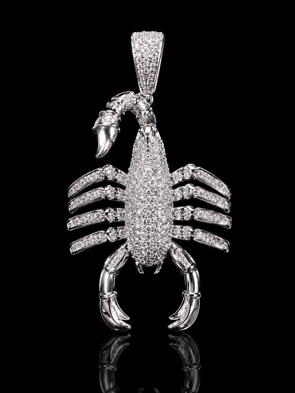 Petey's jewelry silver-toned iced-out scorpion pendant featuring micro-set zirconia stones on a black background.