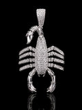 Petey's jewelry silver-toned iced-out scorpion pendant featuring micro-set zirconia stones on a black background.