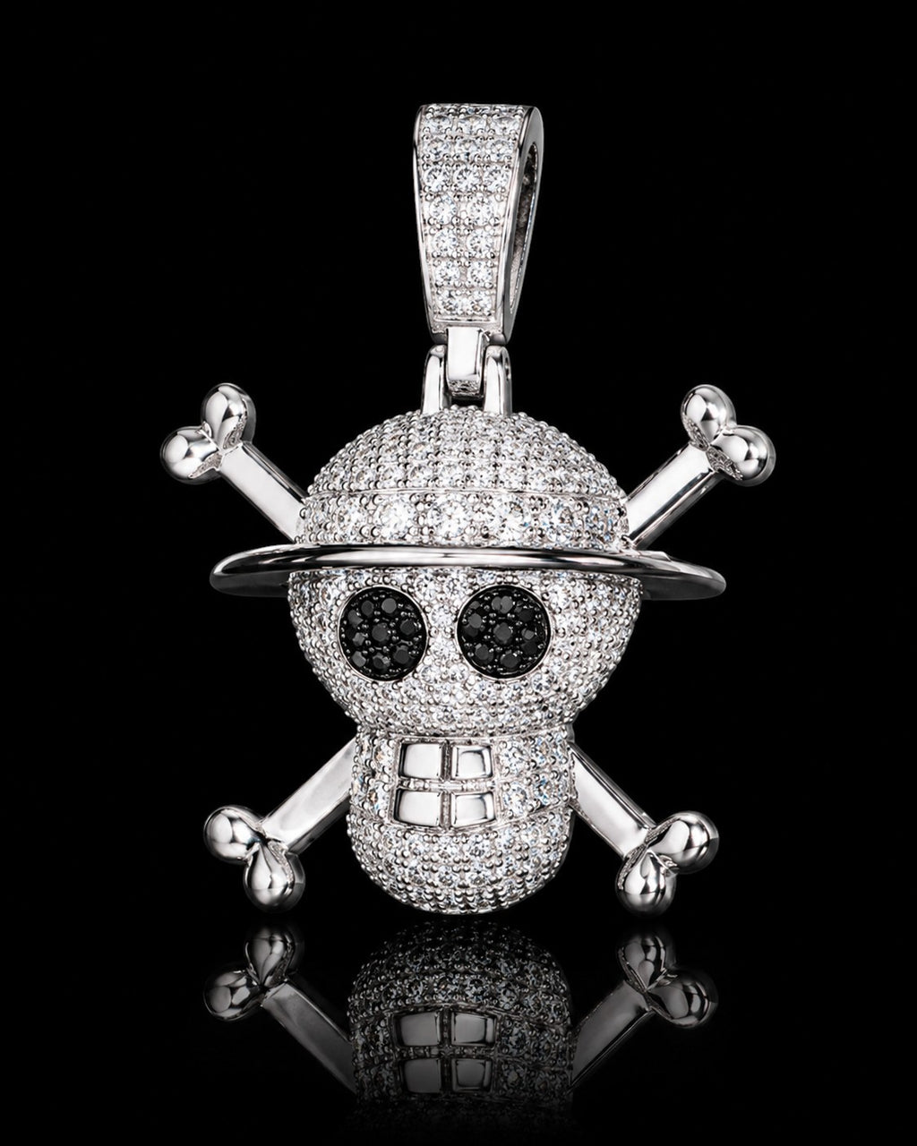 Petey's jewelry iced out skull and crossbones pendant in 925 sterling silver with white and black moissanite stones.