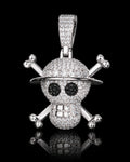 Petey's jewelry iced out skull and crossbones pendant in 925 sterling silver with white and black moissanite stones.