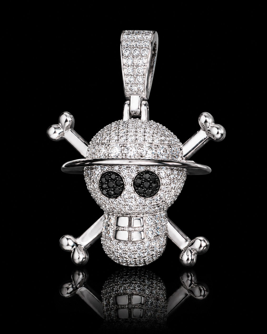 Petey's jewelry iced out skull and crossbones pendant in 925 sterling silver with white and black moissanite stones.