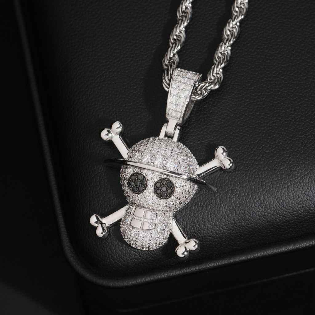 Petey's jewelry iced out skull and crossbones pendant in 925 sterling silver with sparkling moissanite stones.