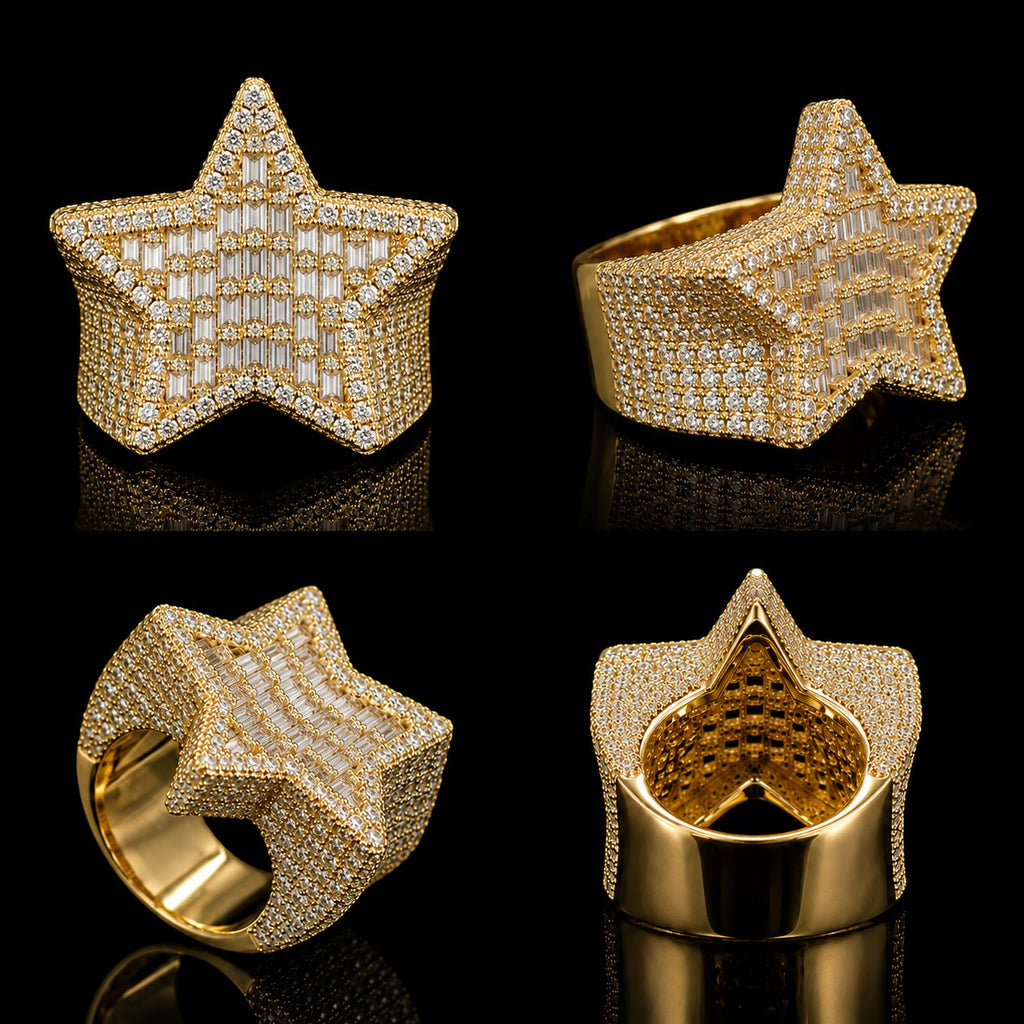 Petey's jewelry iced out star-shaped hip hop ring in gold-plated 925 silver with VVS moissanite baguette and round stones.