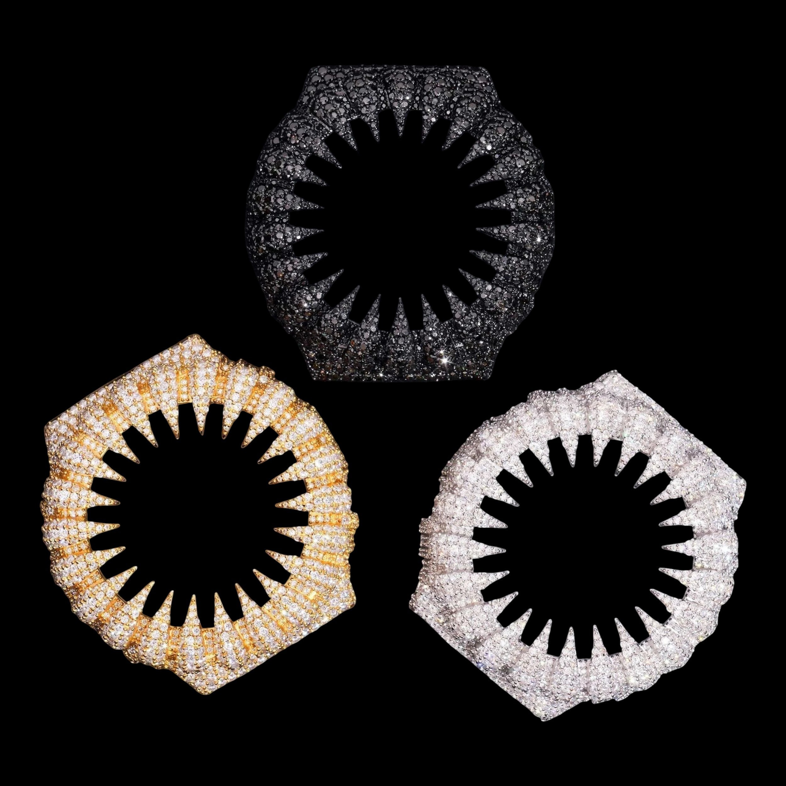 Petey's jewelry Hip Hop style iced out watch bezels in black, gold, and silver, fully covered in moissanite stones.