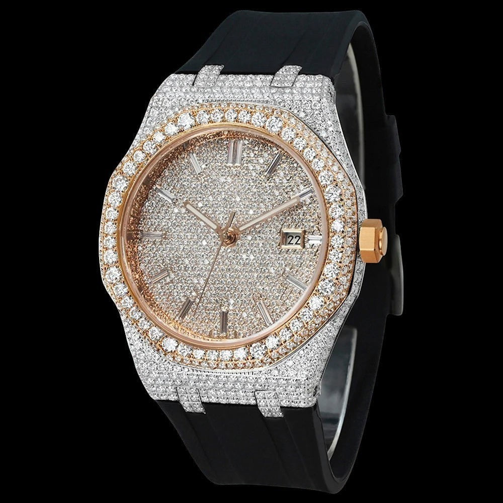 Petey's jewelry men's luxury iced out watch with diamond bezel, rose gold accents, and black rubber strap.