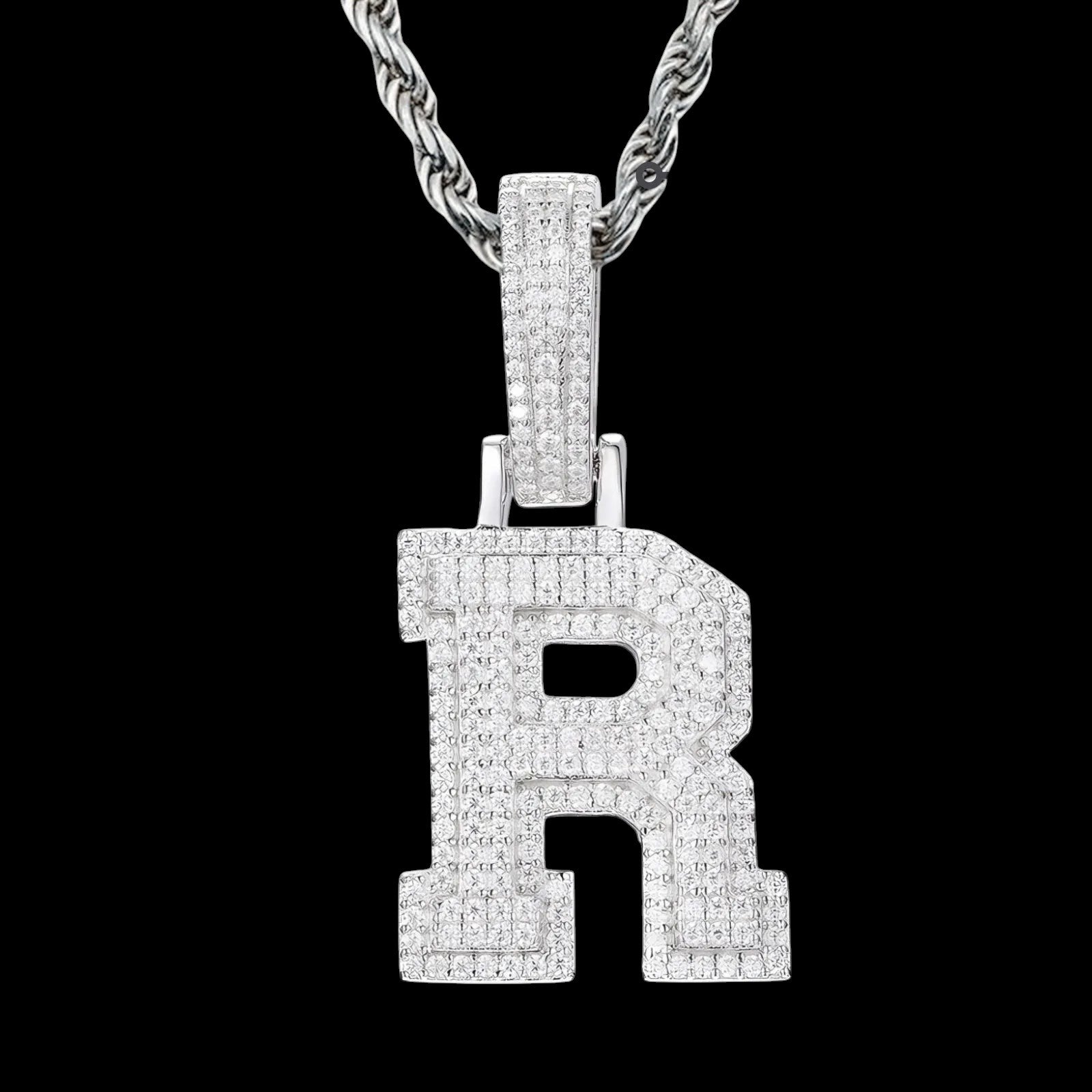 Petey's jewelry iced out letter R pendant necklace in 925 sterling silver with sparkling moissanite stones.