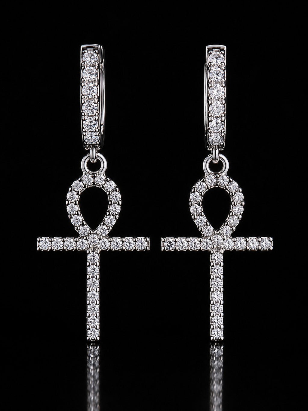 Petey's jewelry iced out ankh cross hoop earrings in sterling silver with sparkling VVS moissanite stones.