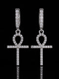Petey's jewelry iced out ankh cross hoop earrings in sterling silver with sparkling VVS moissanite stones.