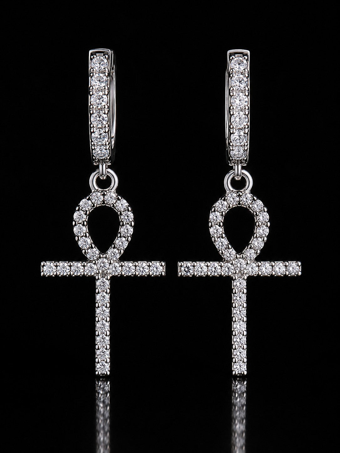 Petey's jewelry iced out ankh cross hoop earrings in sterling silver with sparkling VVS moissanite stones.