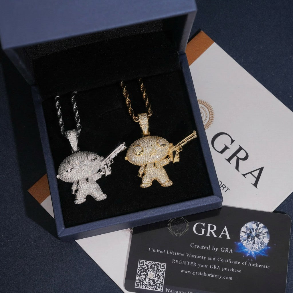 Petey's jewelry iced out cartoon character pendants in silver and gold, crafted from 925 sterling silver with moissanite.