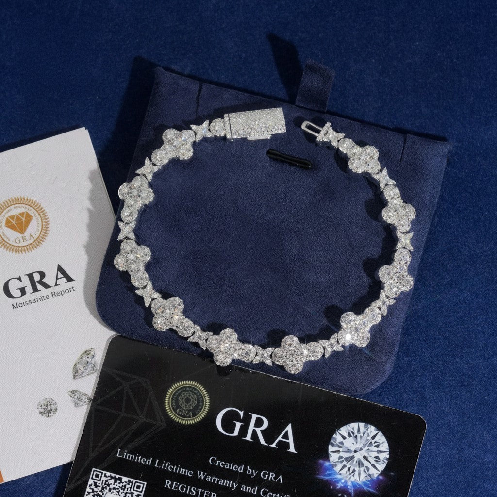 Petey's jewelry iced out moissanite clover link bracelet in rhodium-plated 925 sterling silver with GRA certificate.