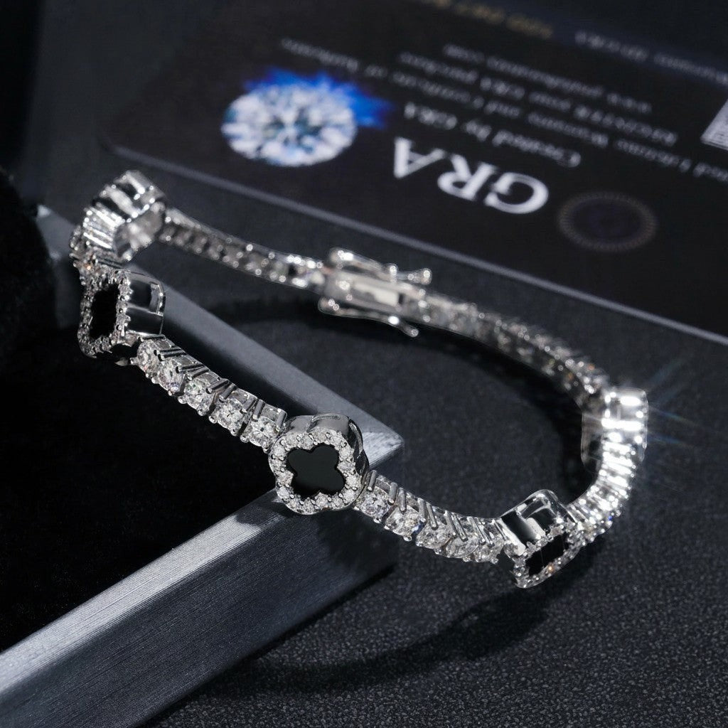 Petey's jewelry 925 sterling silver clover tennis bracelet with iced out VVS moissanite diamonds and rhodium plating.