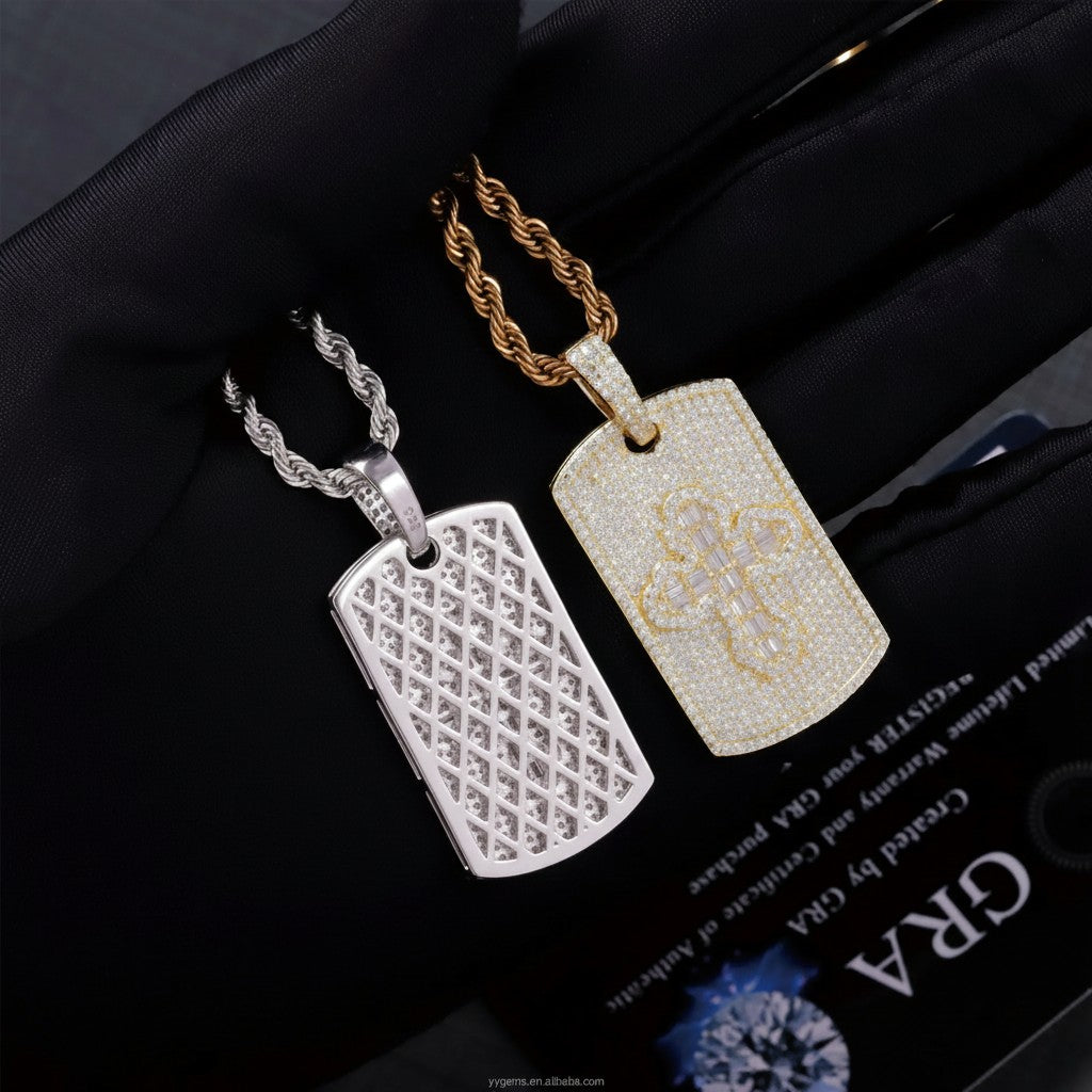 Petey's jewelry hip hop dog tag pendants in 925 sterling silver with VVS moissanite cross designs on rope chains
