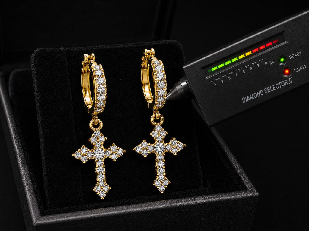 Petey's jewelry gold-plated sterling silver hoop earrings with iced-out VVS moissanite cross pendants.