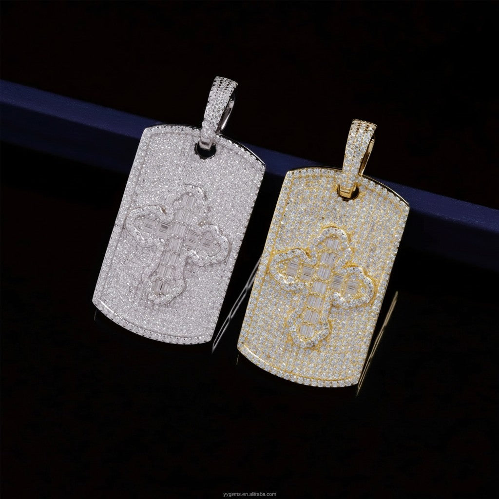 Petey's jewelry hip hop dog tag pendants featuring a cross design, crafted in 925 silver with VVS moissanite stones.