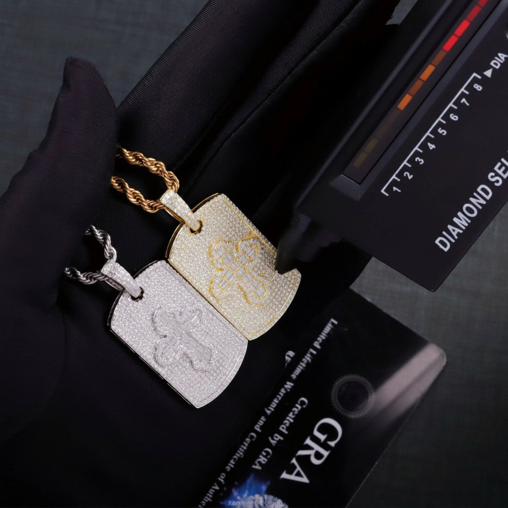 Petey's jewelry hip hop dog tag pendants in silver and gold, featuring VVS moissanite stones and a cross design.
