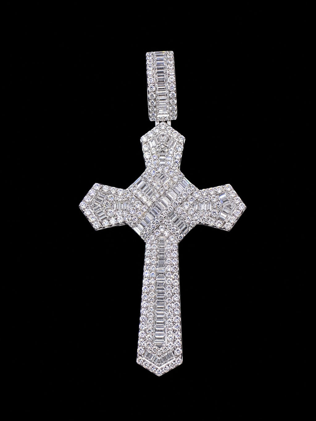 Petey's jewelry hip hop cross pendant featuring baguette and round moissanite stones set in 925 sterling silver.
