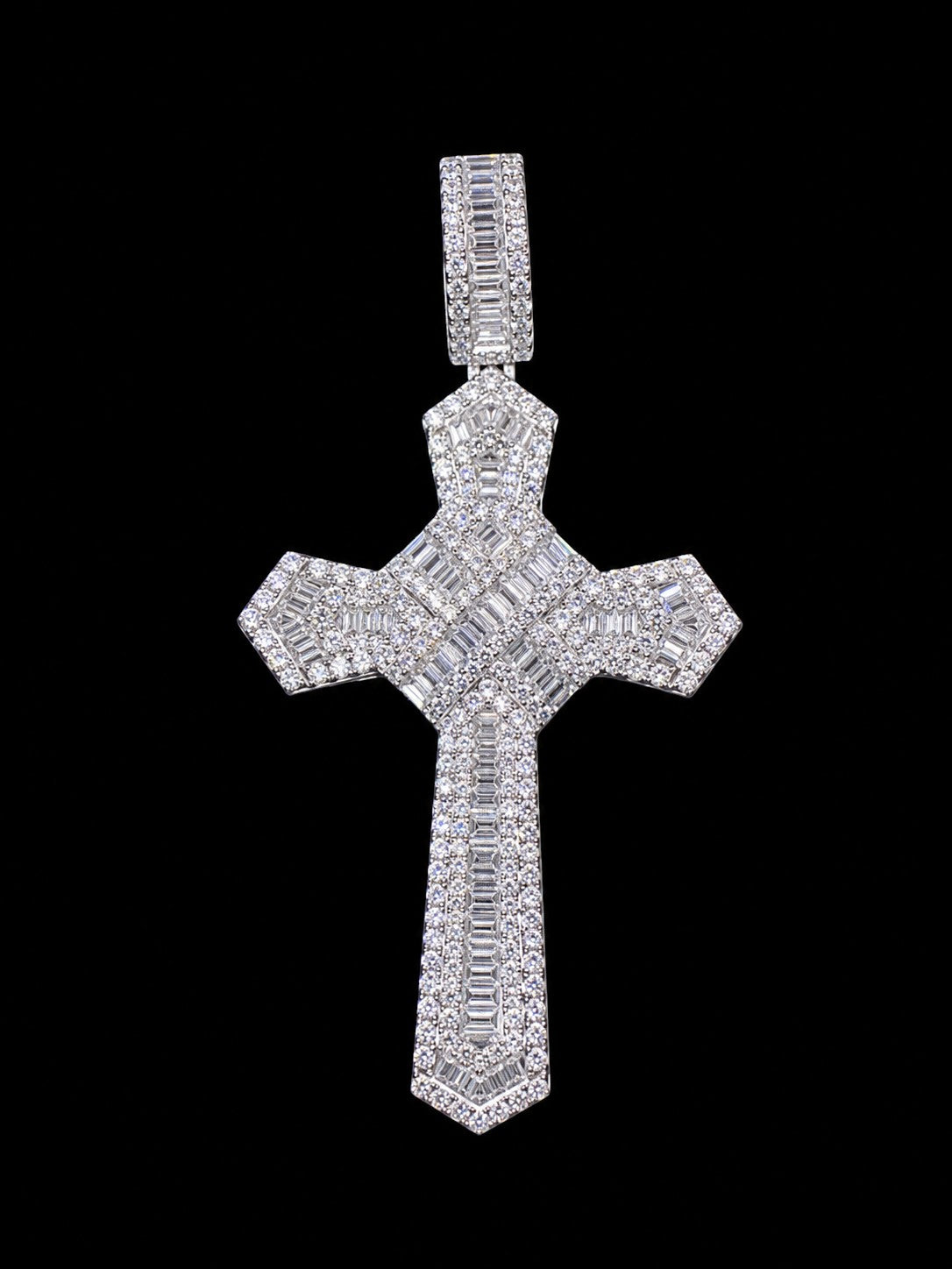 Petey's jewelry hip hop cross pendant featuring baguette and round moissanite stones set in 925 sterling silver.