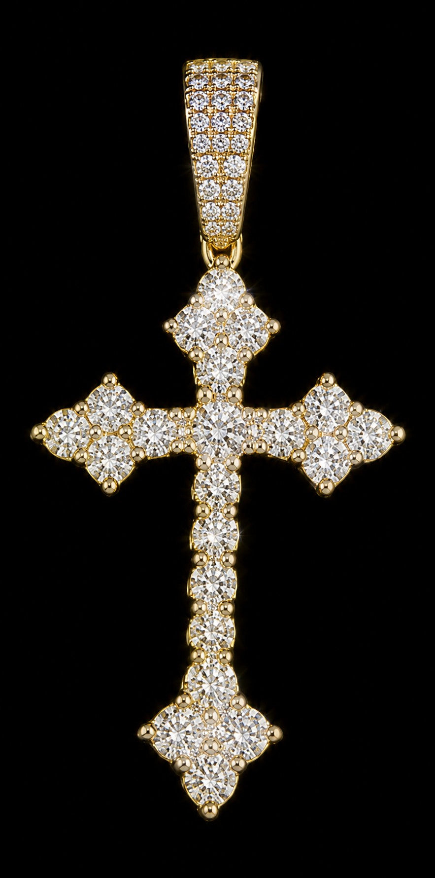 Petey's jewelry hip hop cross pendant featuring sparkling round moissanite stones set in gold-plated 925 silver.