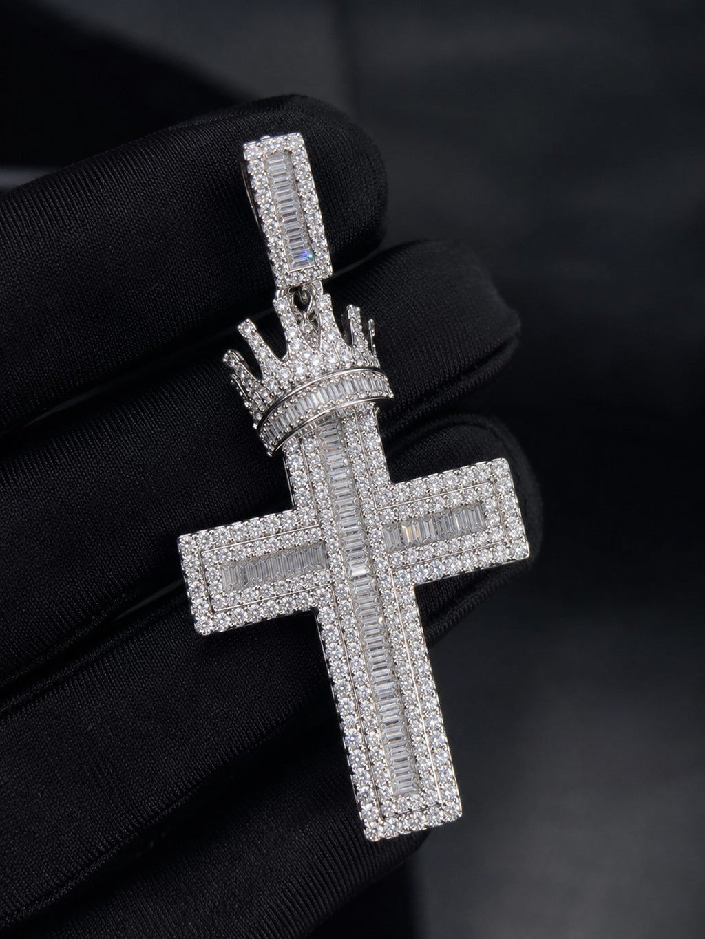 Petey's jewelry hip hop cross pendant featuring moissanite stones set in 925 sterling silver with a crown detail