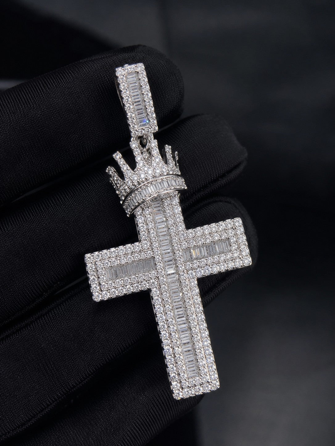 Petey's jewelry hip hop cross pendant featuring moissanite stones set in 925 sterling silver with a crown detail