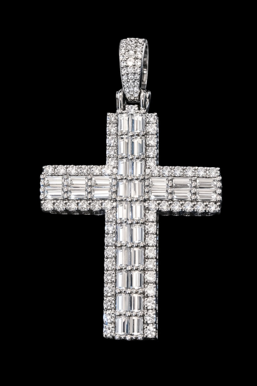 Petey's jewelry hip hop cross pendant in 925 sterling silver with baguette and round cut moissanite stones.