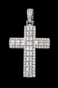 Petey's jewelry hip hop cross pendant in 925 sterling silver with baguette and round cut moissanite stones.