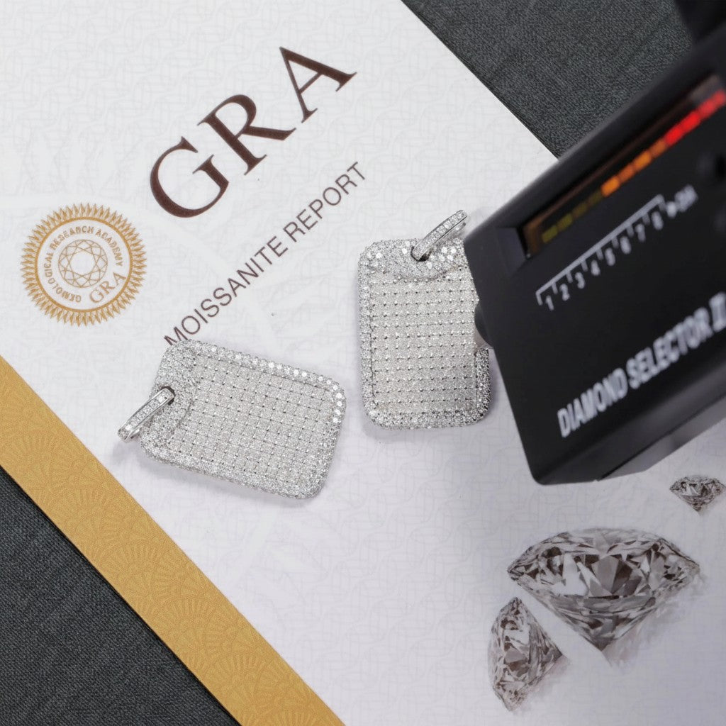 Petey's jewelry iced out dog tag pendants in 925 silver with VVS moissanite diamonds and GRA certificate