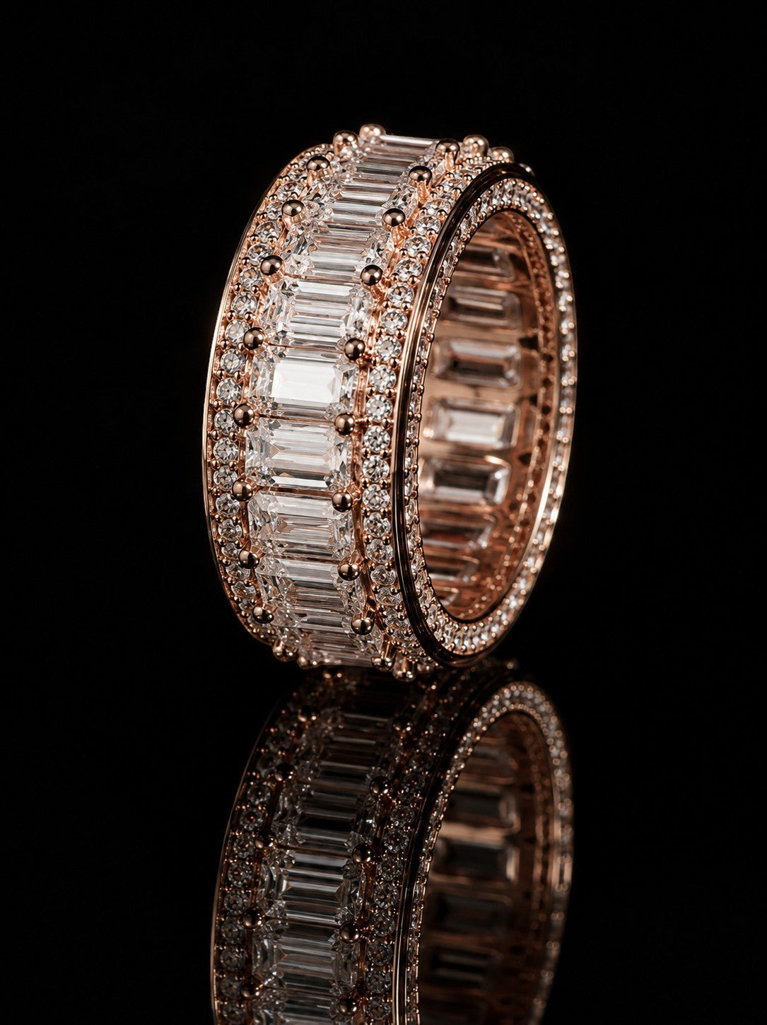 Petey's jewelry rose gold full eternity ring with baguette and round cut VVS moissanite stones.