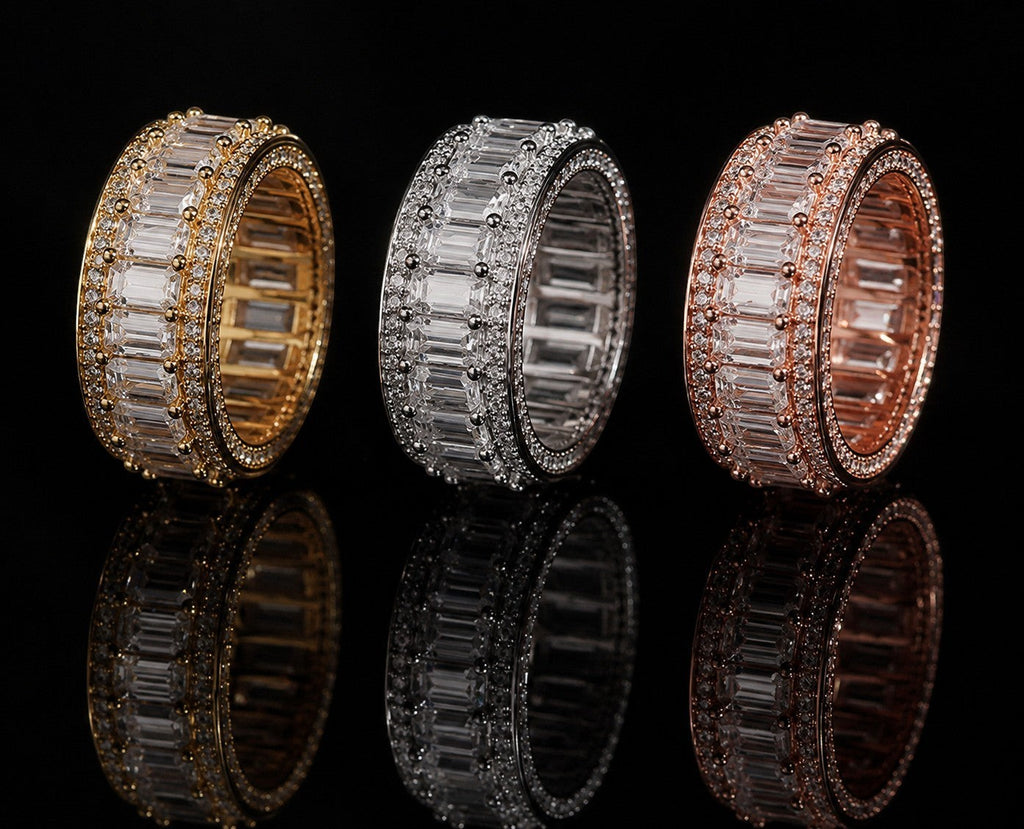 Petey's jewelry luxury baguette and round cut moissanite full eternity band rings in yellow gold, silver, and rose gold.