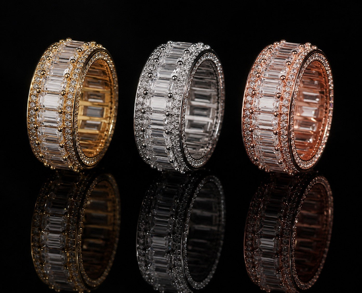 Petey's jewelry luxury baguette and round cut moissanite full eternity band rings in yellow gold, silver, and rose gold.