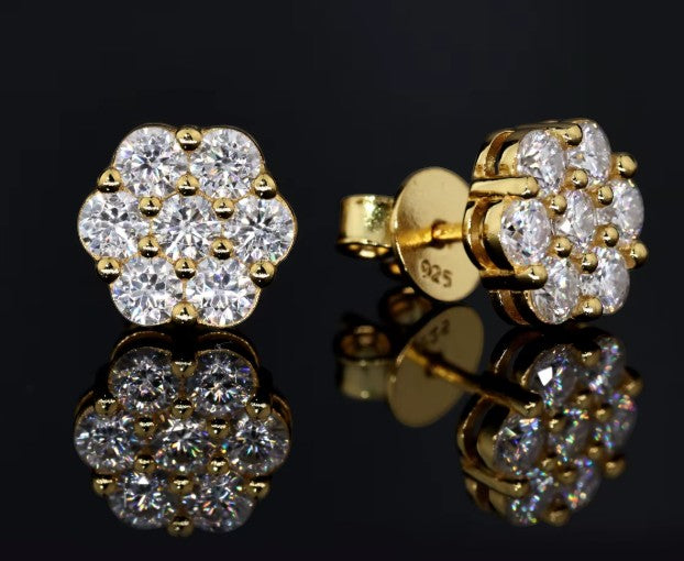 Petey's jewelry iced out flower cluster stud earrings featuring round brilliant moissanite stones in gold-plated 925 silver.