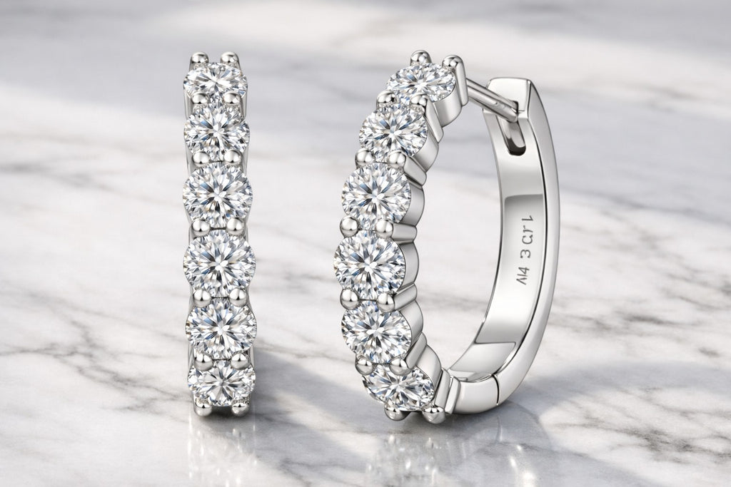 Petey's jewelry huggie hoop earrings featuring round brilliant cut moissanite stones in 14K gold plated sterling silver.